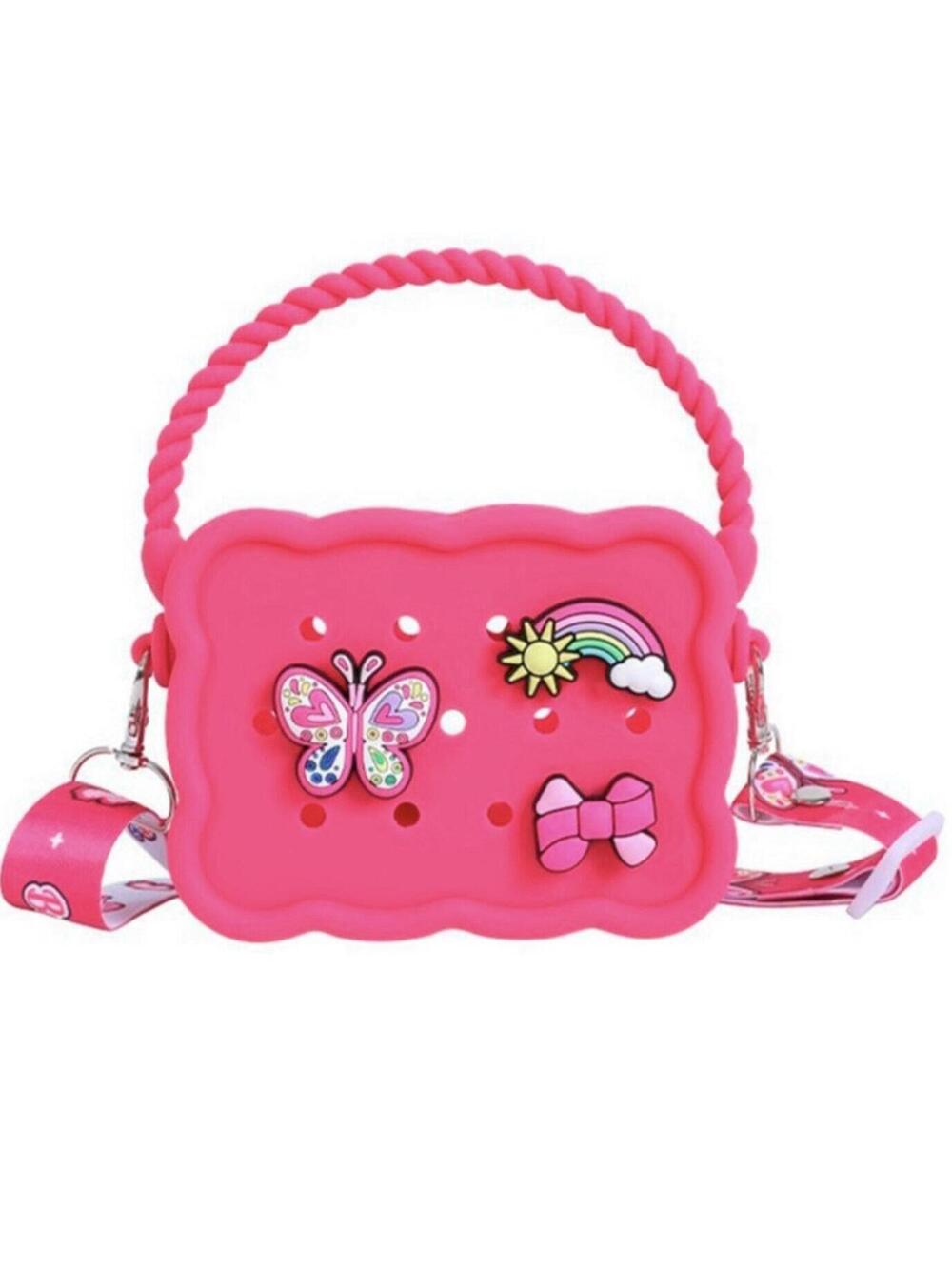 Cute Pink Silicone Mini Bag for Girls - Butterfly Rainbow Crossbody Purse